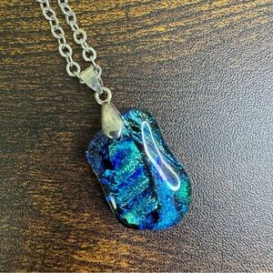 Blue Dichroic Glass Pendant Necklace Silver Tone Chain 24 Inch